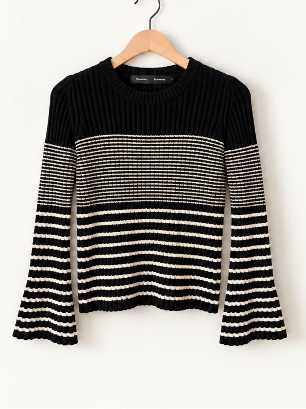 Proenza Schouler Silk Blend Black & Cream  Ribbed Bell Sleeve Crewneck Sweater - Picture 4 of 9